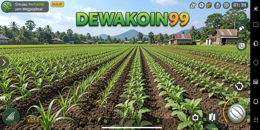 Screenshot gameplay DEWAKOIN99 dengan pertanian yang subur dan hewan ternak.