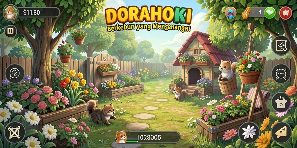 Tangkapan layar DORAHOKI menunjukkan gameplay menarik dan berwarna-warni dalam bertani.