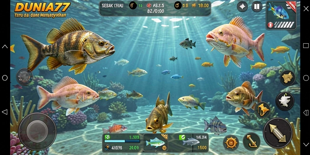 Screenshot DUNIA77 menampilkan aksi menembak ikan yang seru.