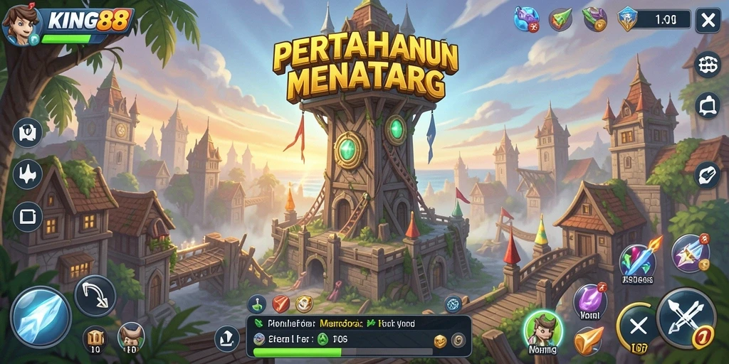 Tampilan menara dan musuh dalam gameplay Tower Defense yang intens.