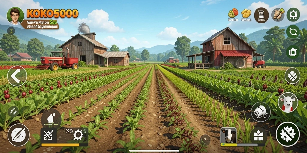 Tampilan gameplay KOKO5000 menampilkan ladang yang subur dan berwarna-warni.