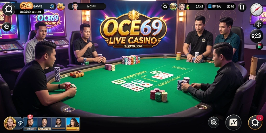 Tampilan gameplay OCE69 dengan dealer profesional dan interaksi sosial.