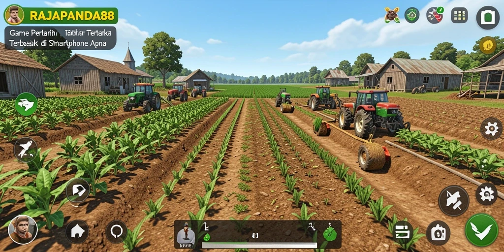 Tampilan gameplay seru dalam RAJAPANDA88 dengan aktivitas bercocok tanam.