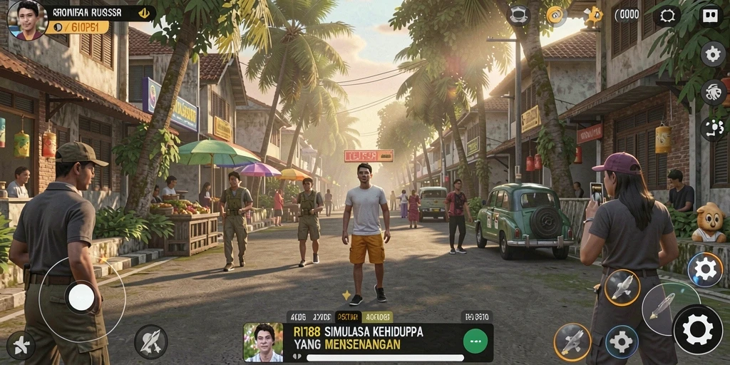 Tampilan gameplay utama RI188 yang menggambarkan kehidupan virtual.