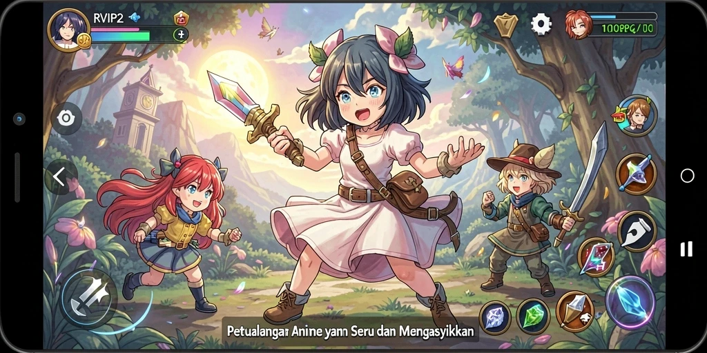 Screenshot gameplay RVIP2 yang menampilkan aksi karakter Anime.